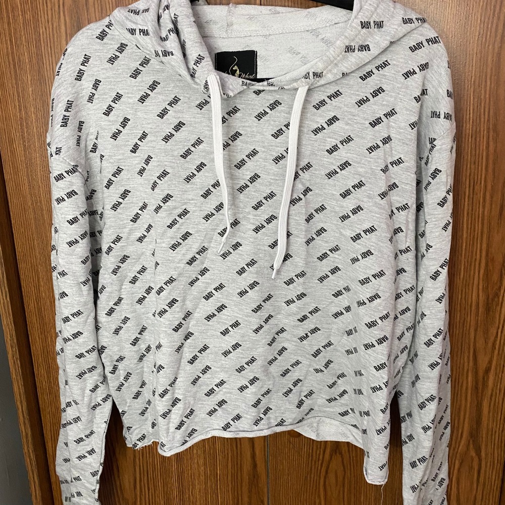 Baby Phat Cropped Hoodie Women 1X Gray All Over Logo Print